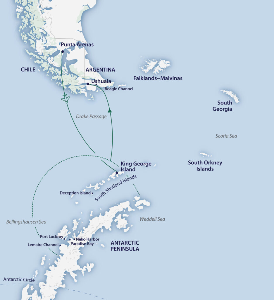 2025年2月12日智利蓬塔阿雷纳斯出发， 2月24日返回阿根廷乌斯怀亚， 13天南设得兰群岛+南极半岛，阁默号 Greg Mortimer