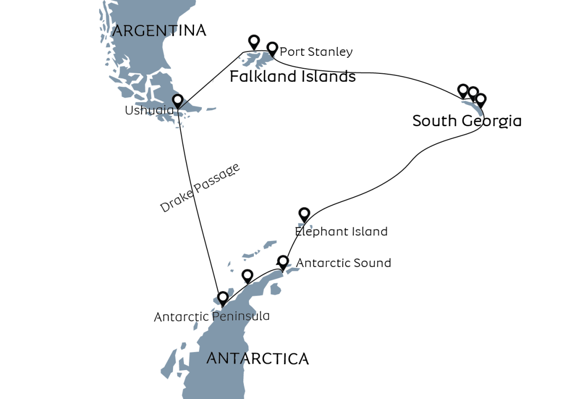 海洋信天翁18天福克兰群岛+南乔治亚岛+南极半岛行程地图