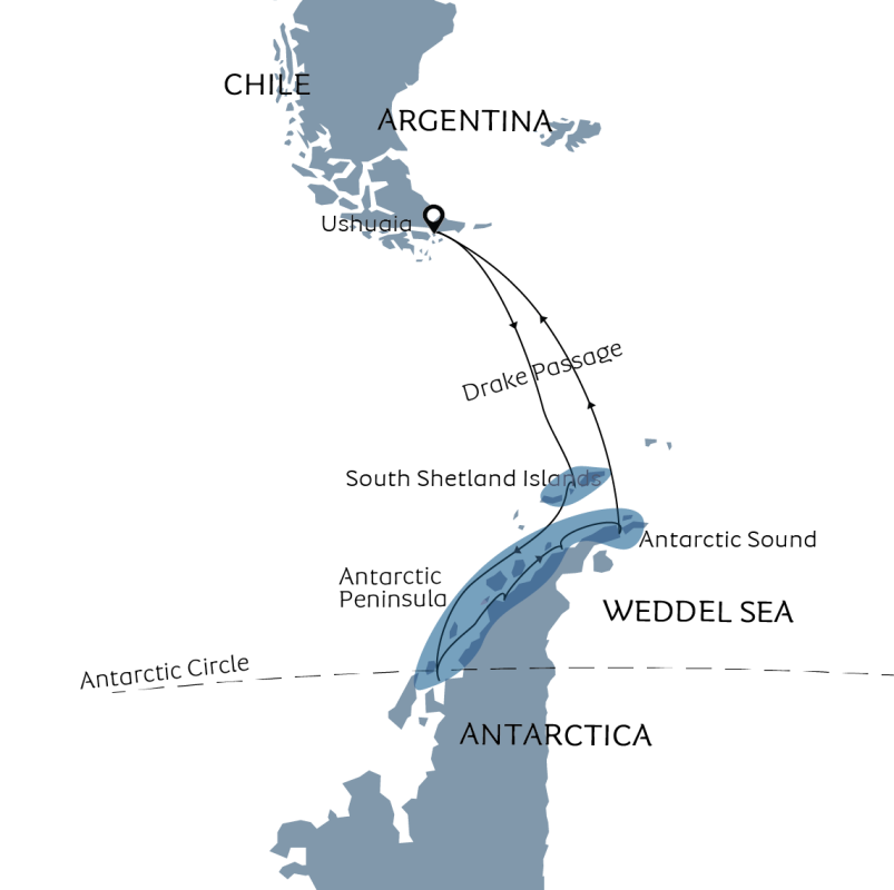 海洋胜利号12天南极半岛深度游行程地图