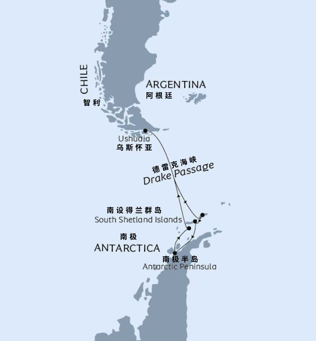 海洋信天翁号10天9晚南极经典环线路线地图