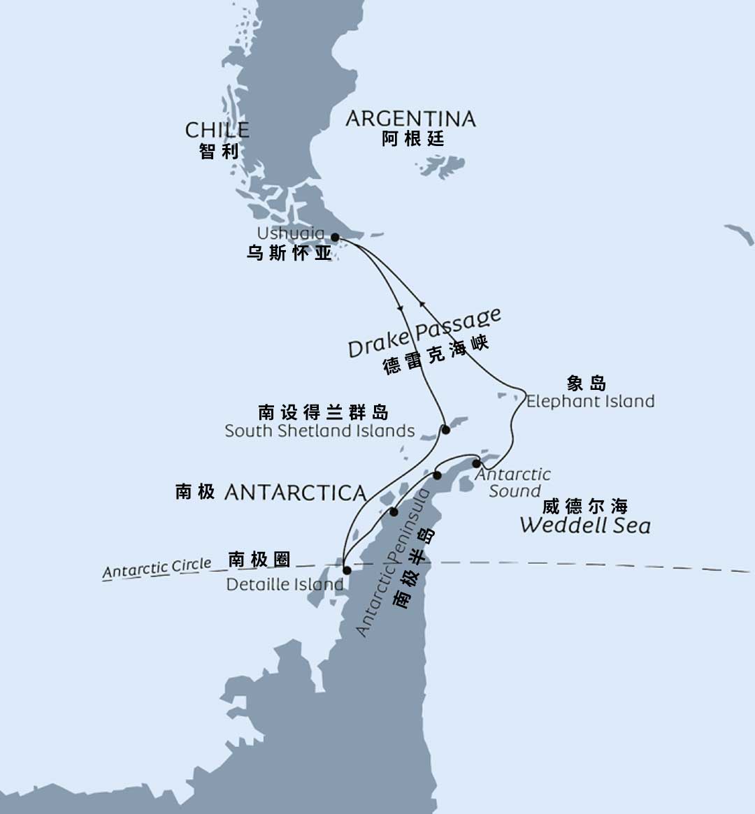 海洋信天翁号 Ocean Albatros 11天跨越南极圈行程地图