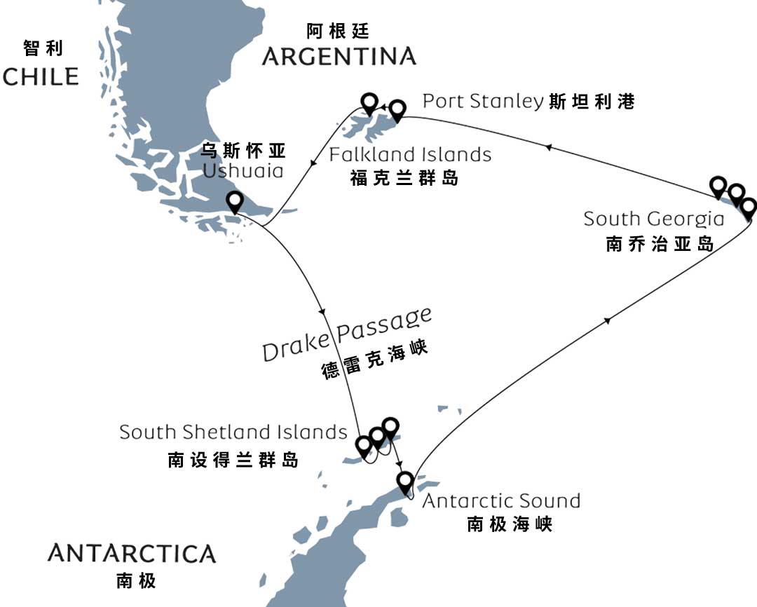 海洋信天翁号 Ocean Albatros 19天福克兰群岛南乔治亚岛南极三岛环线地图