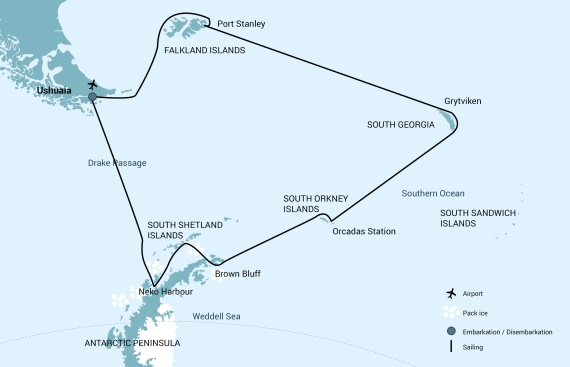布朗修斯号 m/v Plancius 20天19晚福克兰群岛+南乔治亚岛+南极半岛游行程地图