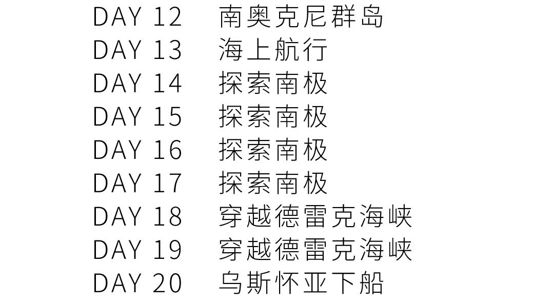 20天乌斯怀亚出发南极三岛游行程