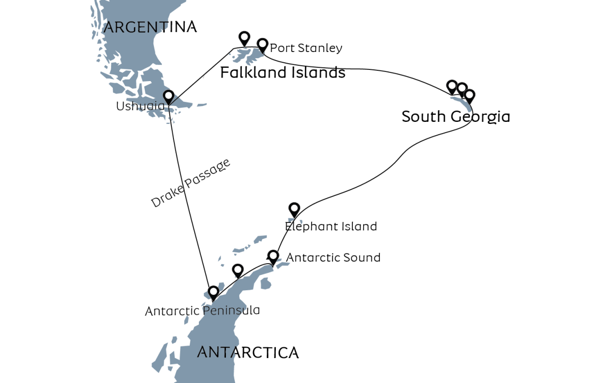 海洋胜利号19天马尔维纳斯群岛+南乔治亚岛+南极半岛行程地图