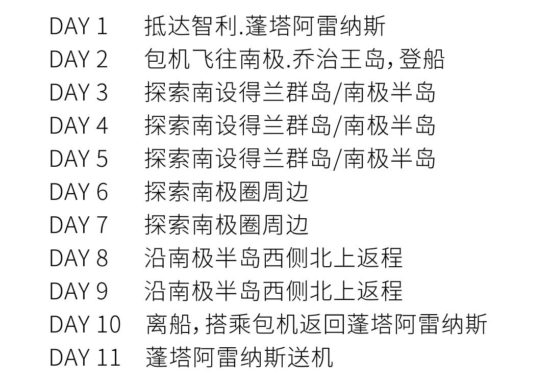 夸克11天直飞南极跨南极圈之旅行程